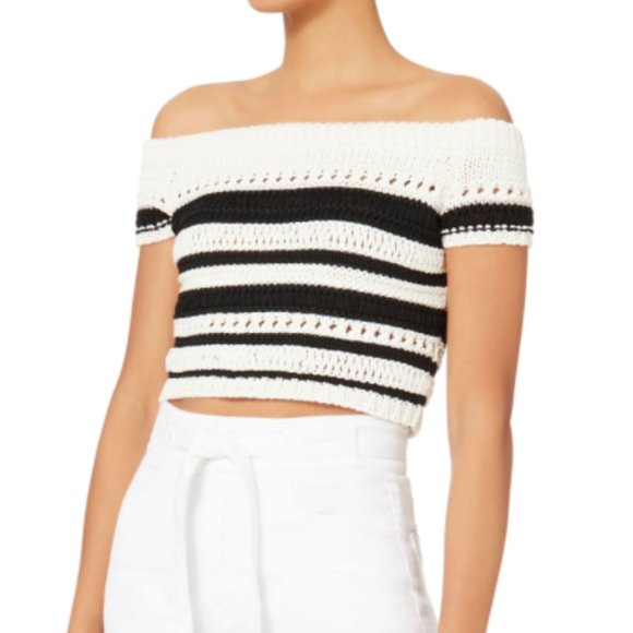 INTERMIX Yulani Off Shoulder Striped Crocheted Knit Crop - Picture 1 of 11